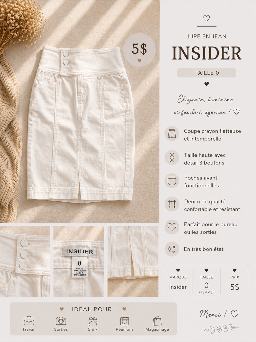 High-Waist White Denim Pencil Skirt
